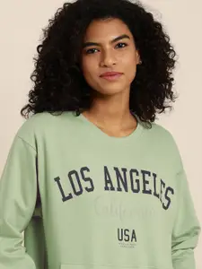 DILLINGER Women Green Typographic Oversized Sweatshirt