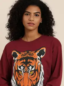 DILLINGER Women Maroon Graphic Oversized Sweatshirt