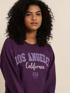 DILLINGER Women Purple Typographic Oversized Sweatshirt
