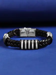 Roadster Men Black & Silver-Toned Handcrafted Silver-Plated Wraparound Bracelet