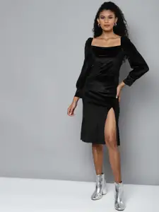 SASSAFRAS Black Velvet Front Slit Bodycon Dress