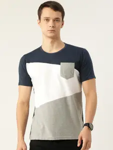 FERANOID Men White & Navy Blue Colourblocked Pockets T-shirt