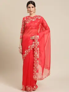 Mitera Red Sequinned Organza Ethnic Embroidered Party Saree