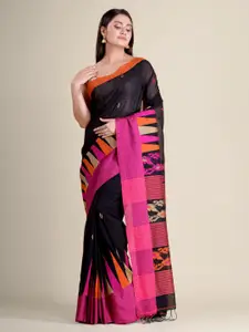 Mitera Black & Pink Floral Pure Cotton Handloom Saree