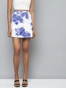 SASSAFRAS Women White & Blue Floral Front Button Mini Skirt