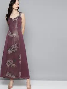 SASSAFRAS Purple & Beige Floral Chiffon A-Line Maxi Dress