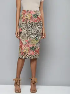 SASSAFRAS Women Multicoloured  Scuba Cheetah & Floral Print Pencil Skirt