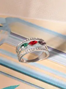 TOKYO TALKIES X rubans FASHION ACCESSORIES Silver-Plated Green & Red Stone-Studded Handcrafted Finger Ring
