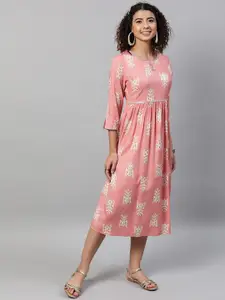 STREET 9 Peach-Coloured & White A-Line Midi Dress