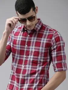 U.S. Polo Assn. U. S. Polo Assn. Men Maroon and White Windowpane Checks Opaque Pure Cotton Casual Shirt