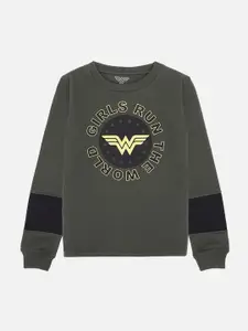 Kids Ville Girls Olive Green Wonder Woman Printed Sweatshirt