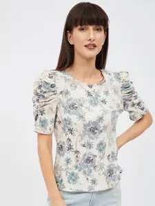 Harpa Women Cream-Coloured & Blue Floral Printed Puff Sleeves Top