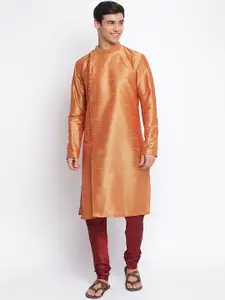 Sanwara Men Orange Solid Art Silk Straight Kurta