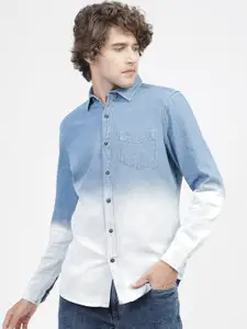 HIGHLANDER Men Blue & White Slim Fit Faded Opaque Faded Casual Shirt