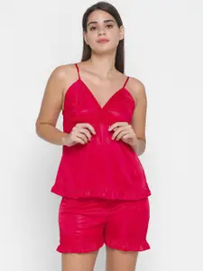 AV2 Women Red Solid Satin Night Suit Set