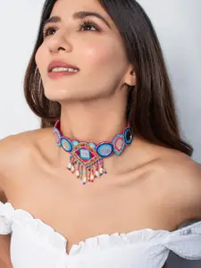 Fida Multicoloured Mirror Work Beaded Choker Necklace