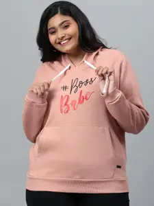 Instafab Plus Women Pink Typography Printed Hooded Sweatshirt