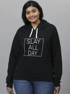 Instafab Plus Women Black Typography Printed Hooded Sweatshirt