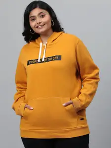 Instafab Plus Women Mustard Yellow Typography Printed Hooded Sweatshirt