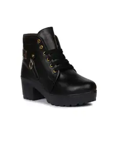 Longwalk Women Black Solid High-Top Platform Heeled Boots with Buckles