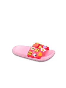 Yellow Bee Girls Pink & Red Flower & Heart Embellished Rubber Sliders