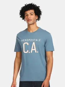 Aeropostale Men Blue Typography Printed Applique Pure Cotton T-shirt