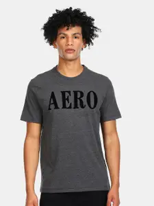 Aeropostale Men Grey Typography Printed Applique Pure Cotton T-shirt