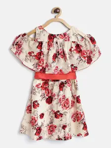 StyleStone Girls Cream-Coloured & Red Floral Printed Crepe Dress