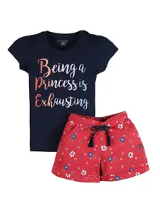 PLUM TREE Girls Red & Navy Blue Printed T-shirt with Shorts