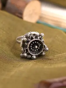 TEEJH Oxidised Silver-Plated Adjustable Ekaja Ghungroo Finger Ring