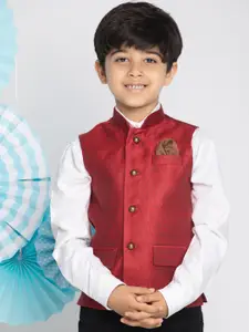 VASTRAMAY Boys Maroon Woven Design Slim Fit Nehru Jacket