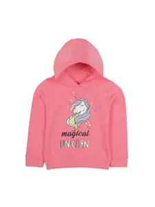 PLUM TREE Girls Peach-Coloured Printed Hooded Sweatshirt