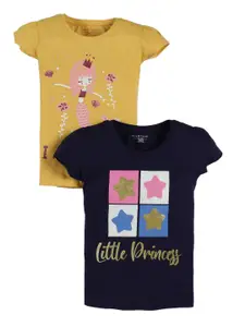 PLUM TREE Girls Pack of 2 Yellow  Navy Blue Cotton Printed Pure Cotton T-shirt