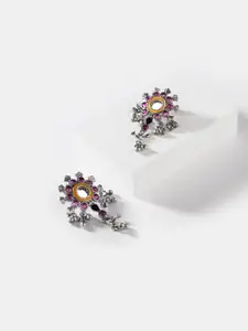 SHAYA Silver-Toned & Purple Contemporary Studs Earrings