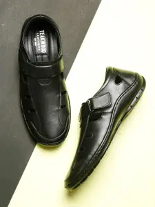 Teakwood Leathers Men Black Leather Shoe-Style Sandals