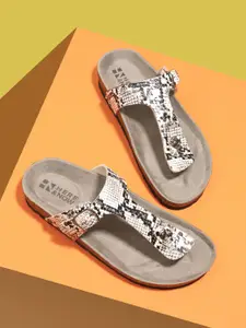 HERE&NOW Women White & Grey Animal Textured T-Strap Flats With Buckle