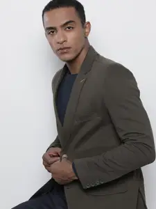 The Indian Garage Co Men Grey Solid Single-Breasted Blazer