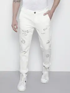 The Indian Garage Co Men White Slim Fit Printed Stretchable Jeans