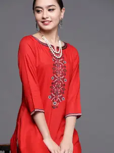 Biba Women Red Solid Kurta With Thread Work
