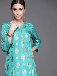 Biba Women Turquoise Blue Ethnic Motifs Foil Printed Keyhole Neck Kurta