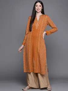 Biba Women Rust Orange & Off-White Woven-Design Winter Straight Kurta