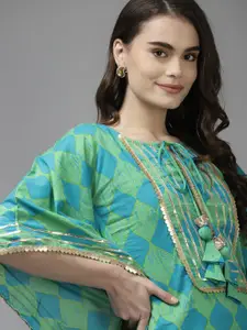 Indo Era Women Green Geometric Printed Extended Sleeves Gotta Patti Kaftan Kurta