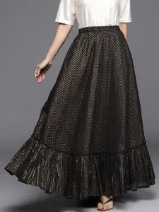 Libas Black & Gold-Toned Cotton Self Design Skirt with Ruffle Details
