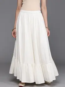 Libas Women White Cotton Flared Maxi Skirt With Ruffles