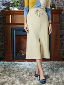 MANGO Women Beige Solid Straight Midi Front-Slit Skirt
