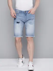 The Indian Garage Co Men Blue Washed Midly Distressed Mid Rise Slim Fit Denim Shorts