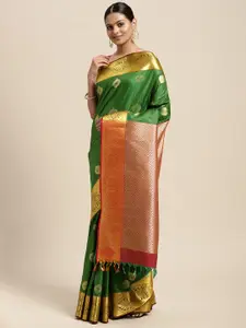 Thara Sarees Green & Golden Ethnic Motifs Zari Art Silk Kanjeevaram Saree