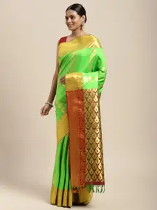 Thara Sarees Green & Golden Ethnic Motifs Zari Art Silk Kanjeevaram Saree