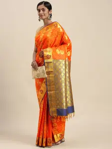 Thara Sarees Orange & Golden Ethnic Motifs Zari Art Silk Kanjeevaram Saree