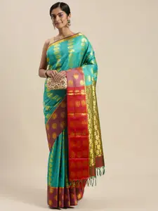 Thara Sarees Turquoise Blue & Golden Ethnic Motifs Zari Art Silk Kanjeevaram Saree